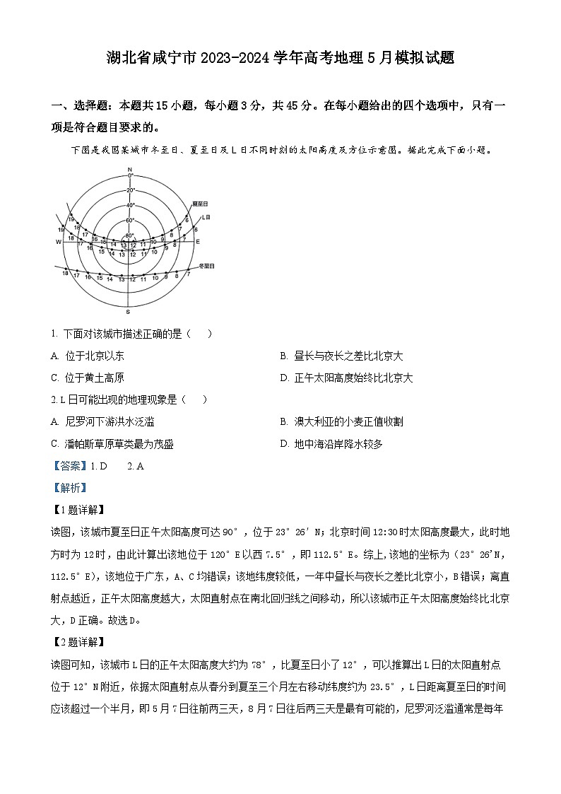 湖北省咸宁市2023-2024学年高三下学期5月模拟地理试题（学生版+教师版 ）01