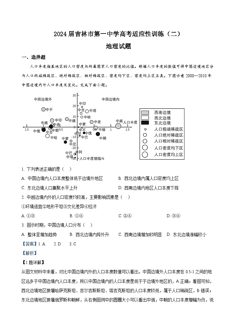 2024届吉林省吉林市第一中学高考二模地理试题（学生版+教师版）01