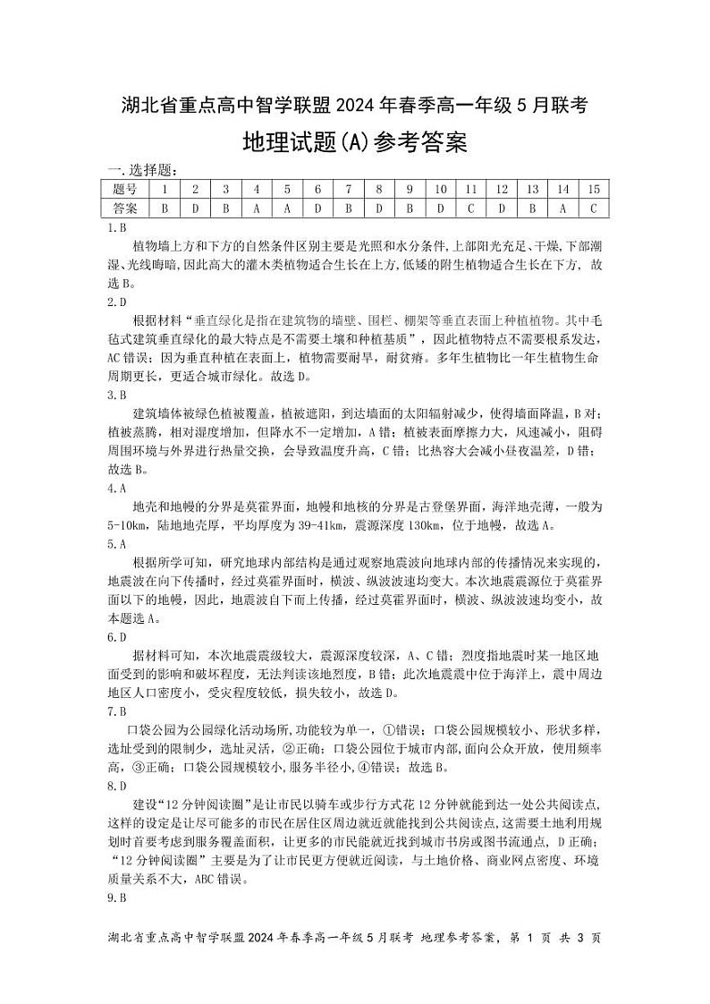 2024湖北省重点高中智学联盟高一下学期5月联考地理试题A卷含答案01