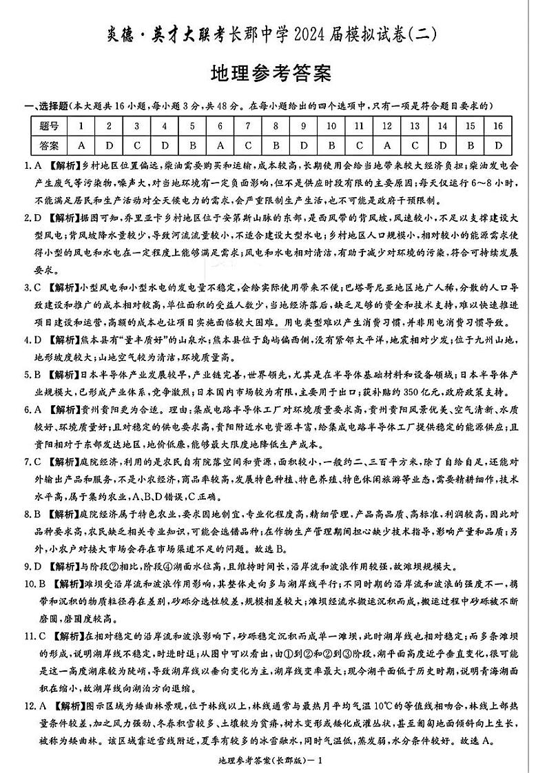 湖南省长郡中学2024届高三年级模拟试卷(二)地理试题01