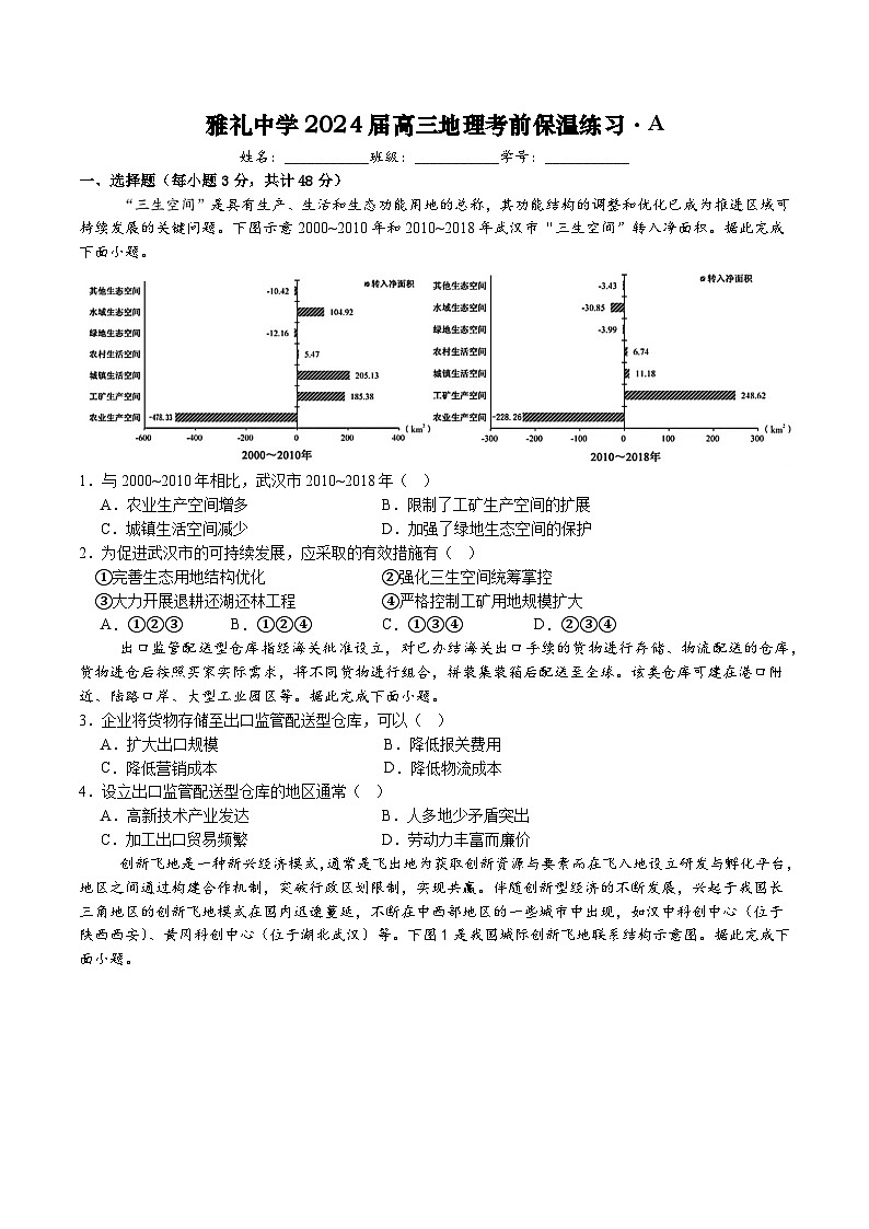 2024届湖南省雅礼中学高三下学期热身训练（三模）地理试题01