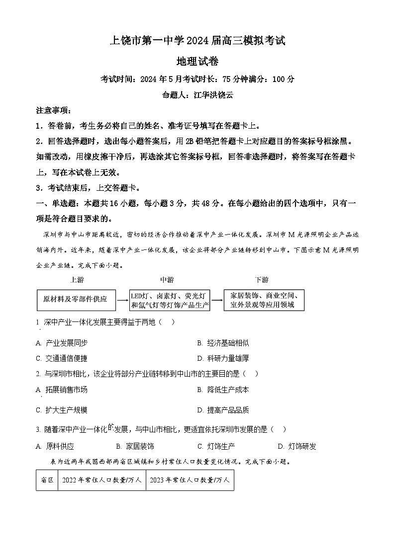2024届江西省上饶市第一中学高考模拟预测地理试题（学生版+教师版）01