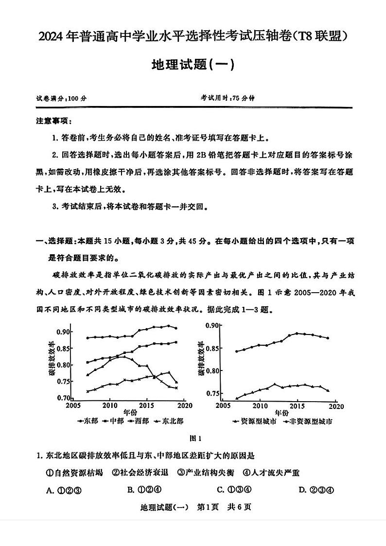 2024届湖北省T8联盟普通高中学业水平选择性考试压轴（一模）地理试题01