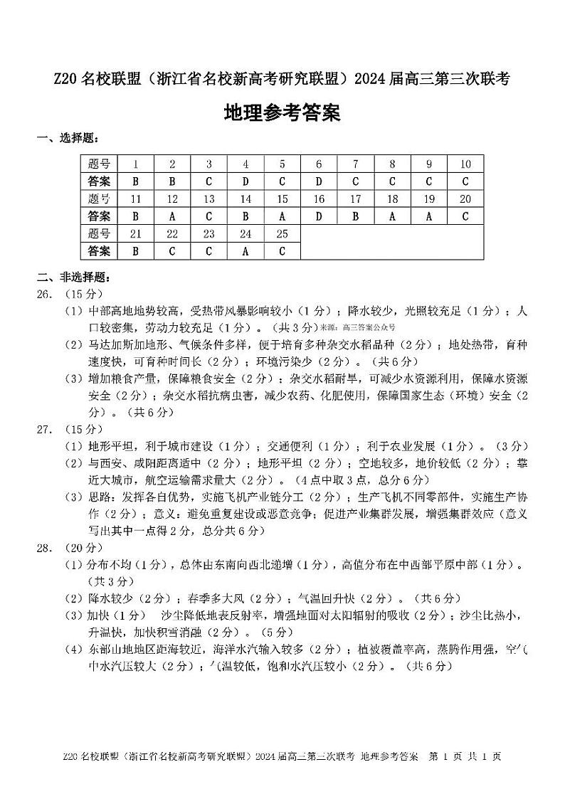 2024届Z20名校联盟浙江省杭州市名校新高考研究联盟三模地理试题01
