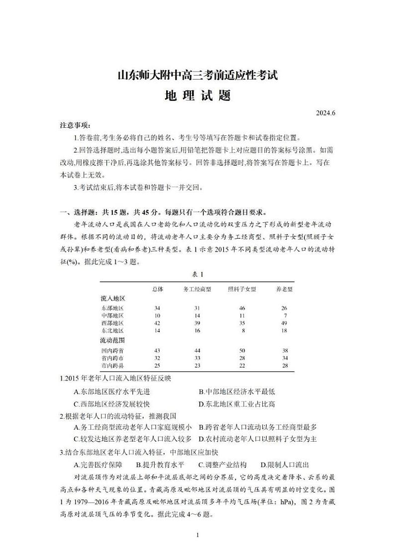 地理丨山东省师范大学附属中学2024届高三6月考前适应性测试地理试卷及答案01