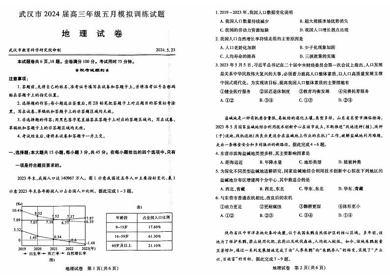 【湖北卷】湖北省武汉市2024届高三年级下学期五月模拟训练试题(武汉五调)地理试卷01