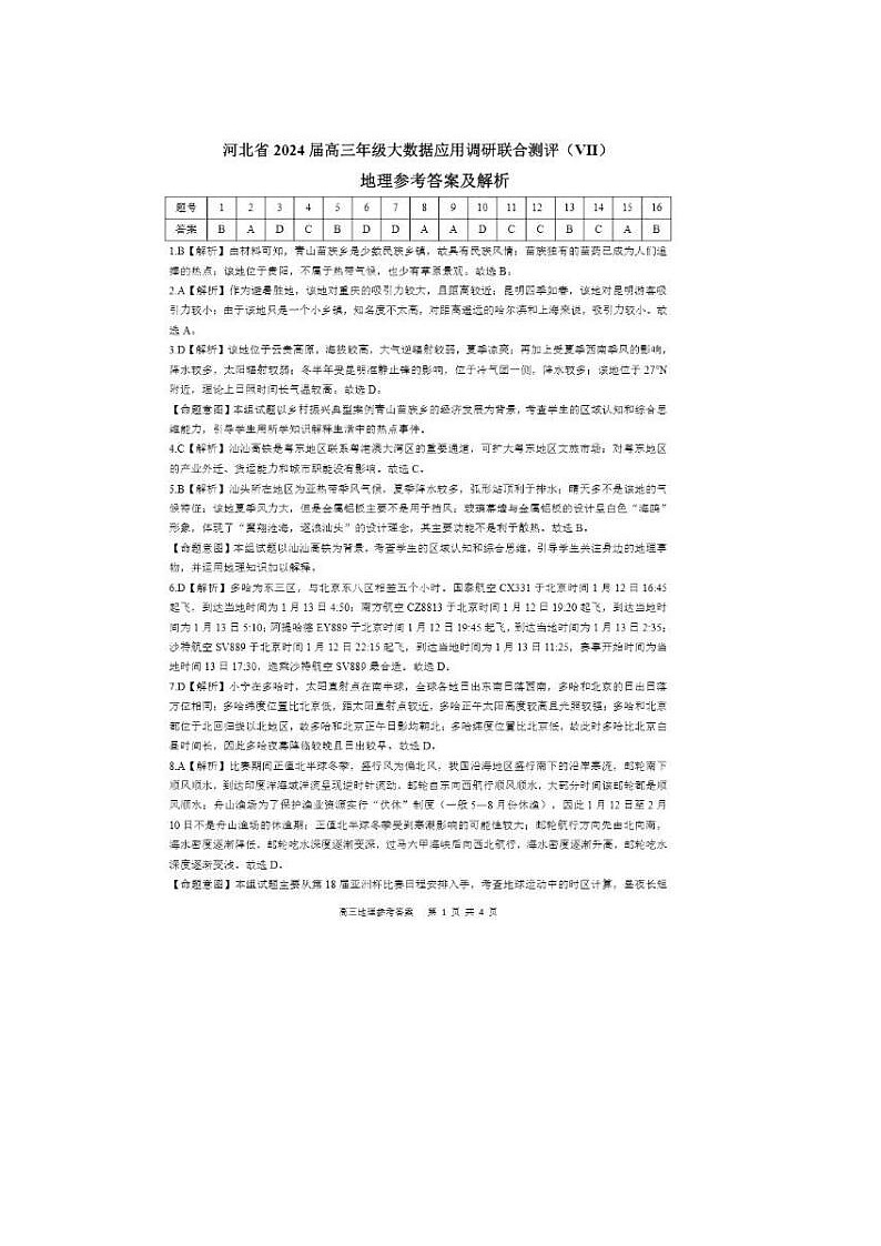 2024届河北省高三大数据应用调研联合测评地理试题01