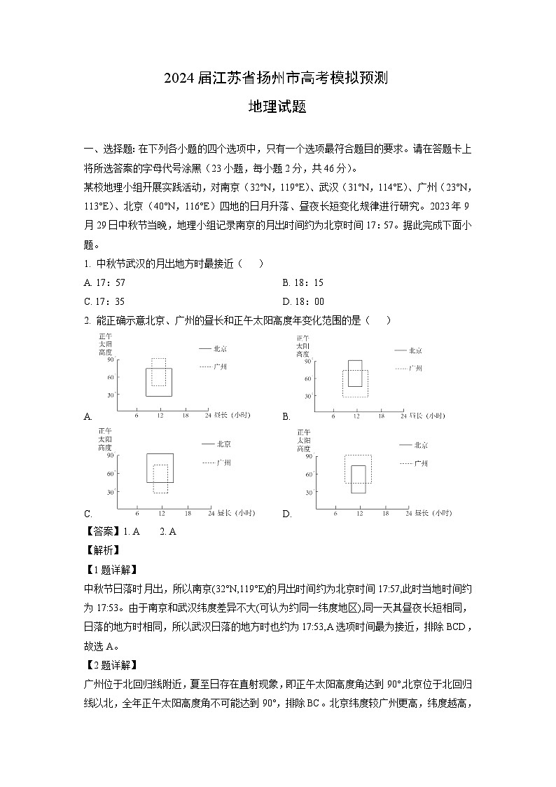 地理：2024届江苏省扬州市高考模拟预测试题（解析版）第1页