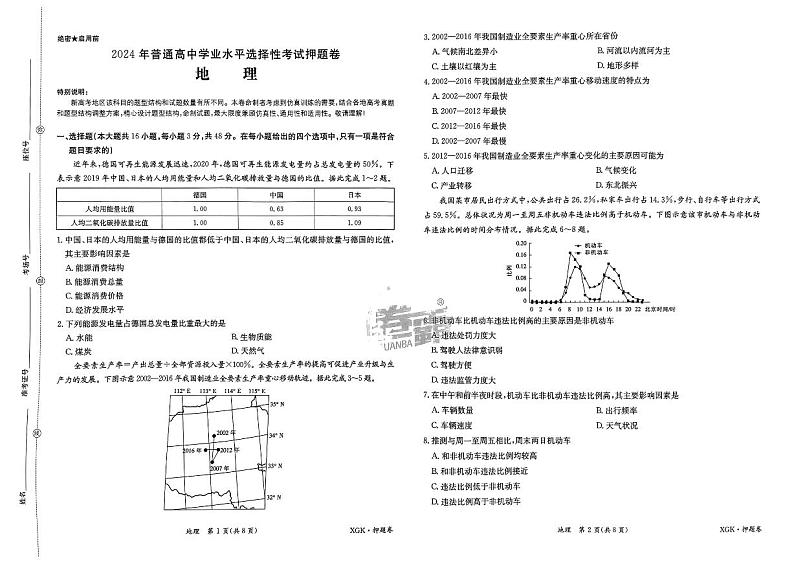 2024年普通高中学业水平选择性考试地理押题卷及参考答案01