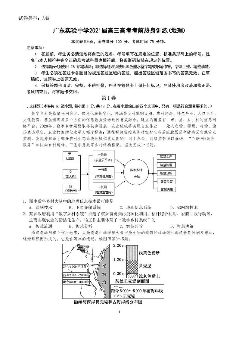 2021届广东省实验中学高三考前热身训练地理试题第1页