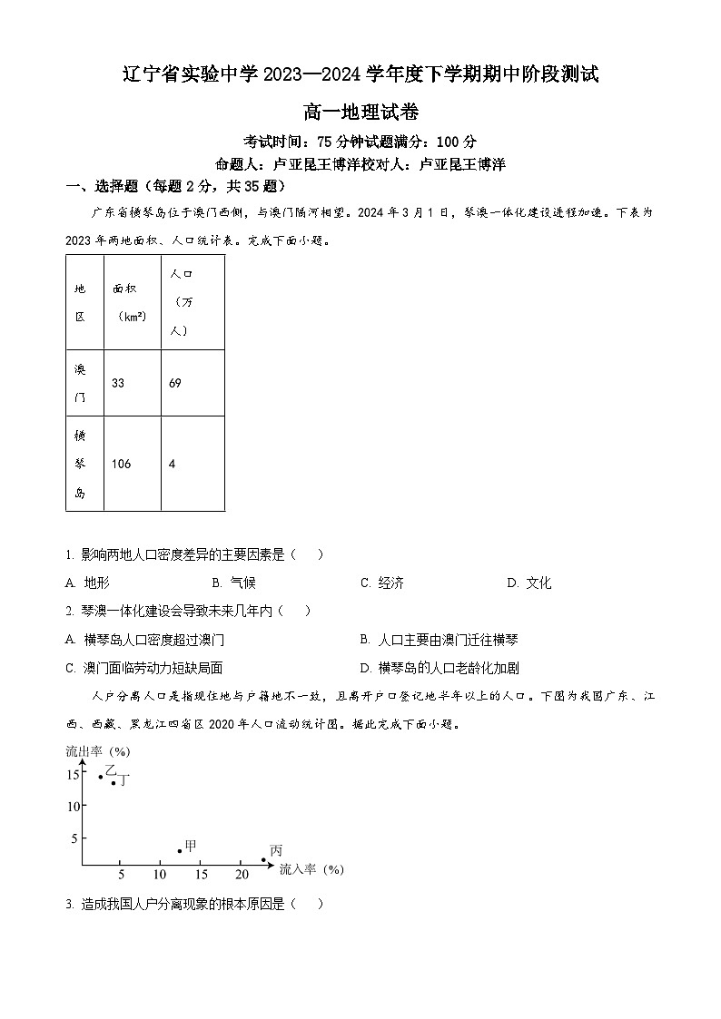 2024辽宁省实验中学高一下学期期中考试地理含解析第1页