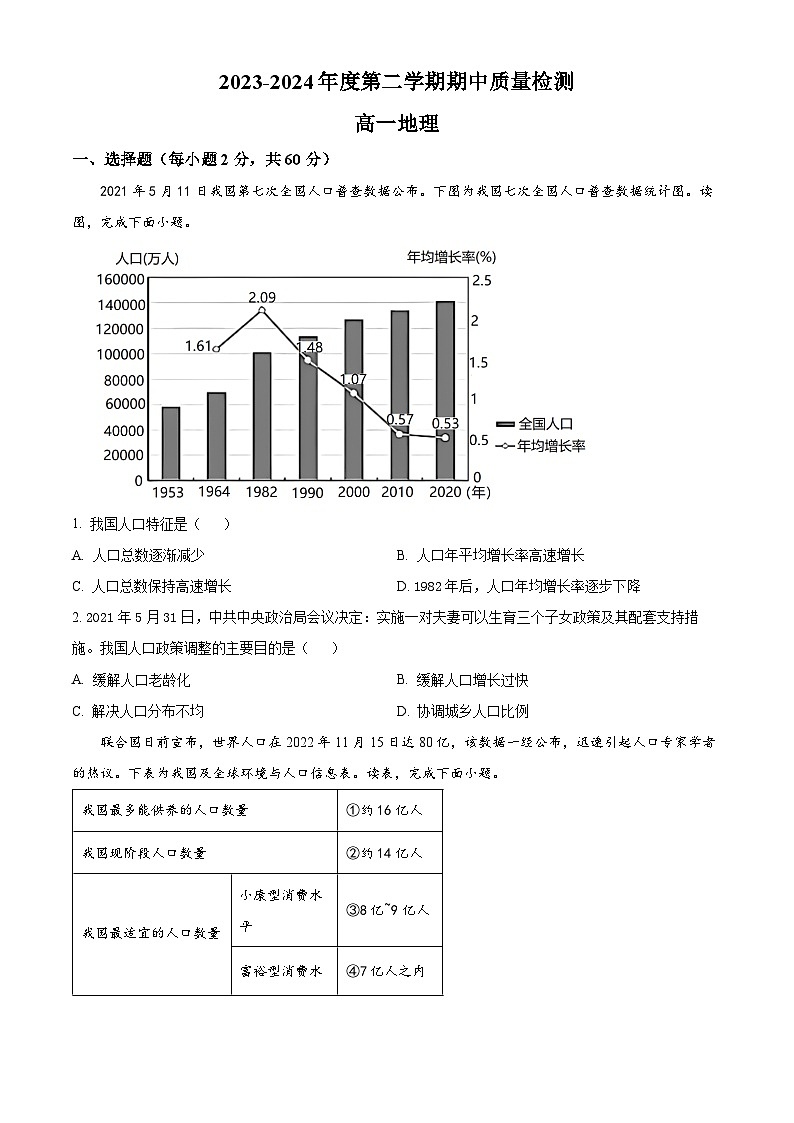 2024武威凉州区高一下学期期中试题地理含解析第1页