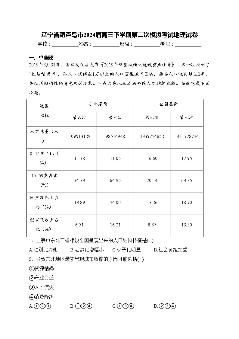 辽宁省葫芦岛市2024届高三下学期第二次模拟考试地理试卷(含答案)01