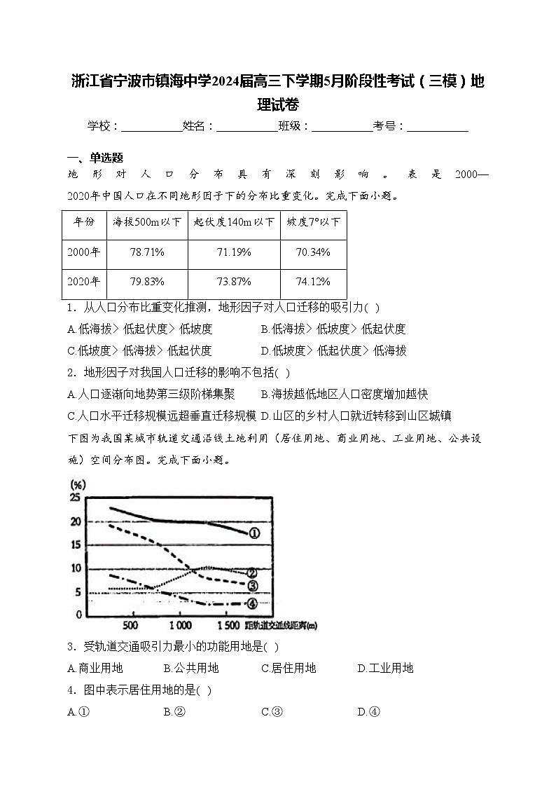 浙江省宁波市镇海中学2024届高三下学期5月阶段性考试（三模）地理试卷(含答案)01