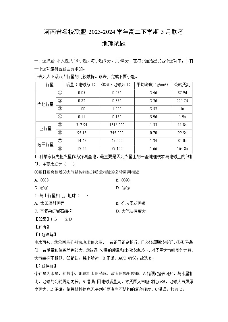 地理：河南省名校联盟2023-2024学年高二下学期5月联考试题（解析版）01
