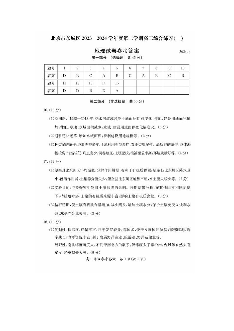 2024届北京东城高三一模地理试题01
