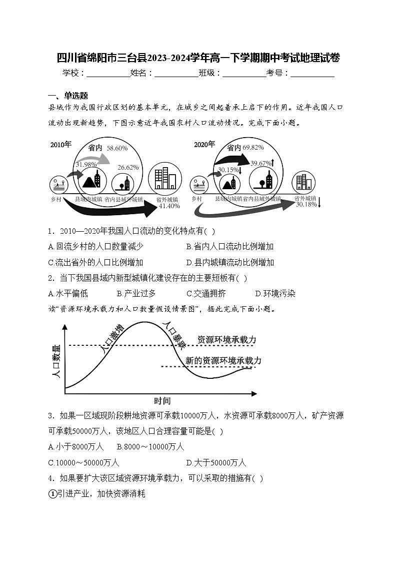 四川省绵阳市三台县2023-2024学年高一下学期期中考试地理试卷(含答案)01