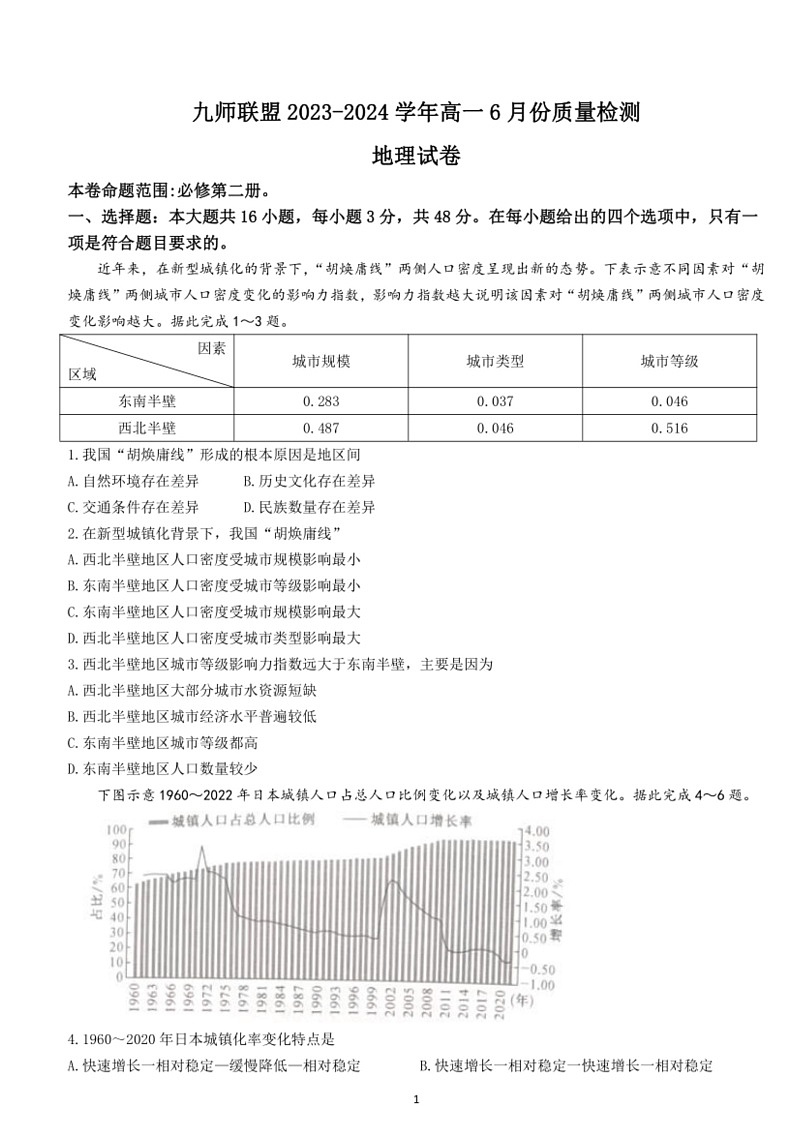 [地理]河南省九师联盟2023～2024学年高一下学期6月份质量检测地理试卷（含答案）01