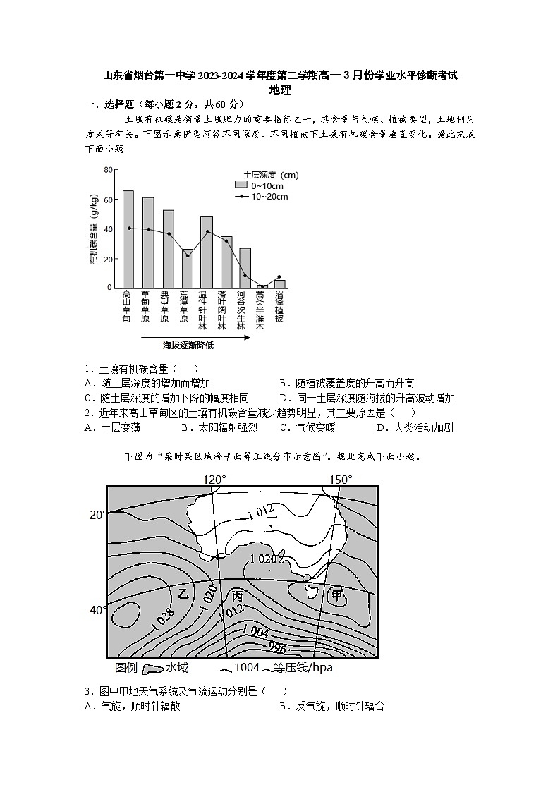 山东省烟台第一中学2023-2024学年高一下学期3月份学业水平诊断考试地理试题01