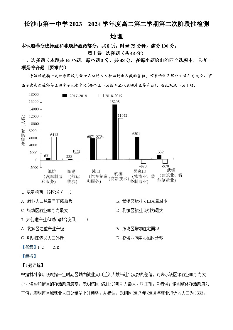 2024长沙一中高二下学期期末地理试题含解析01