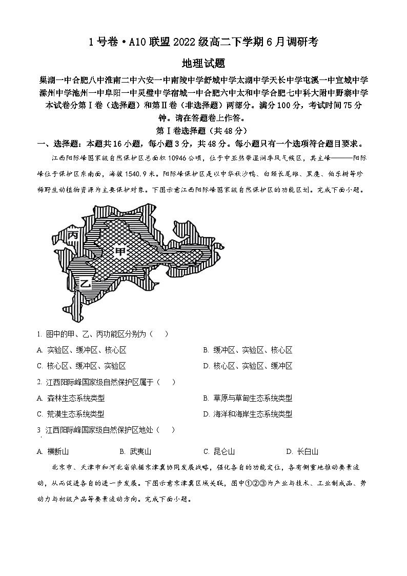 安徽省1号卷·A10联盟2023-2024学年高二下学期6月调研地理试题01