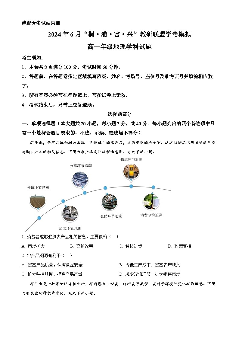 浙江省杭州市联谊学校2023-2024学年高一下学期6月学考模拟考试地理试题（Word版附解析）01
