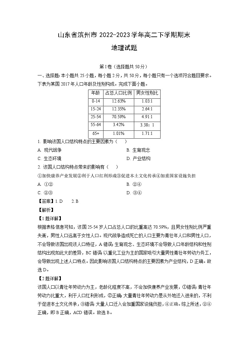 [地理]山东省滨州市2022-2023学年高二下学期期末试题（解析版）第1页
