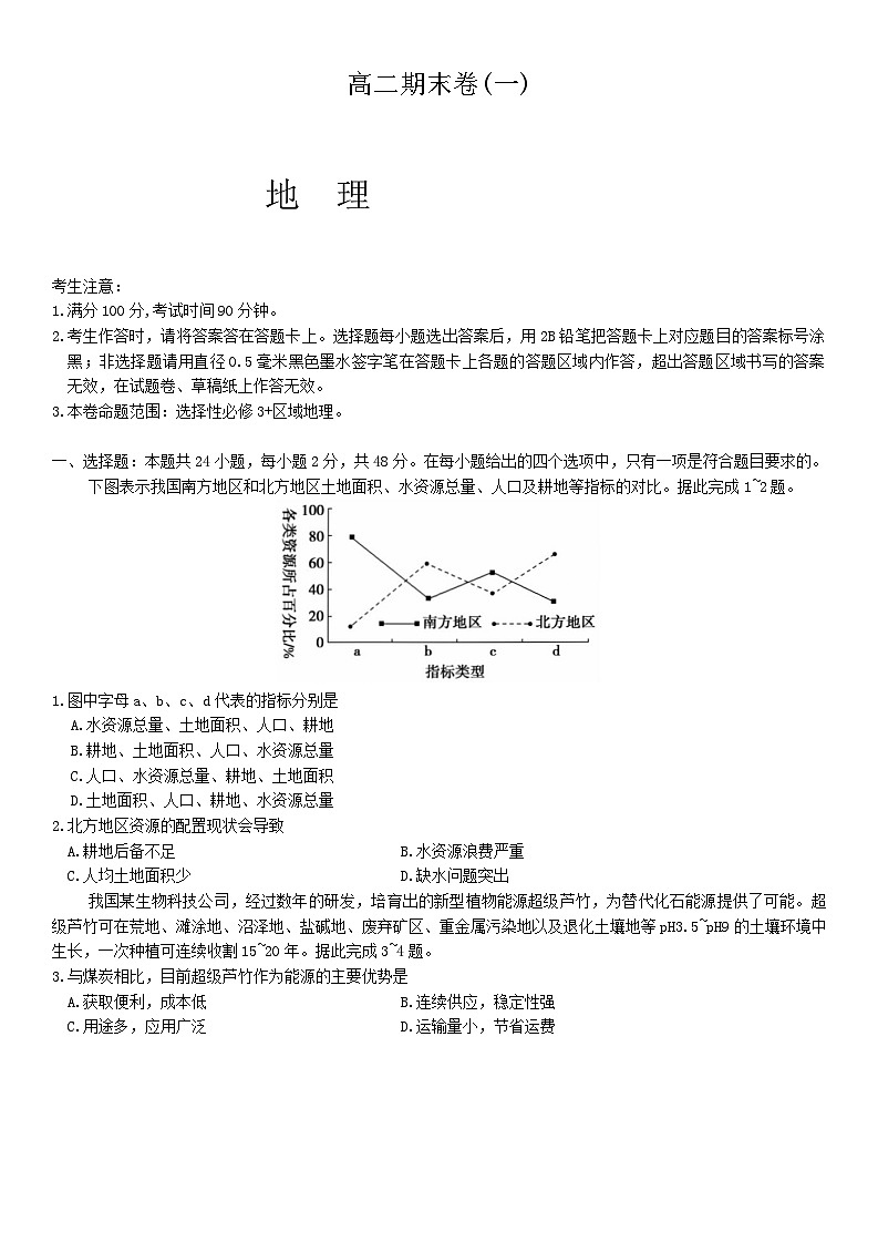 云南省曲靖市2023-2024学年高二下学期期末考试地理试题01