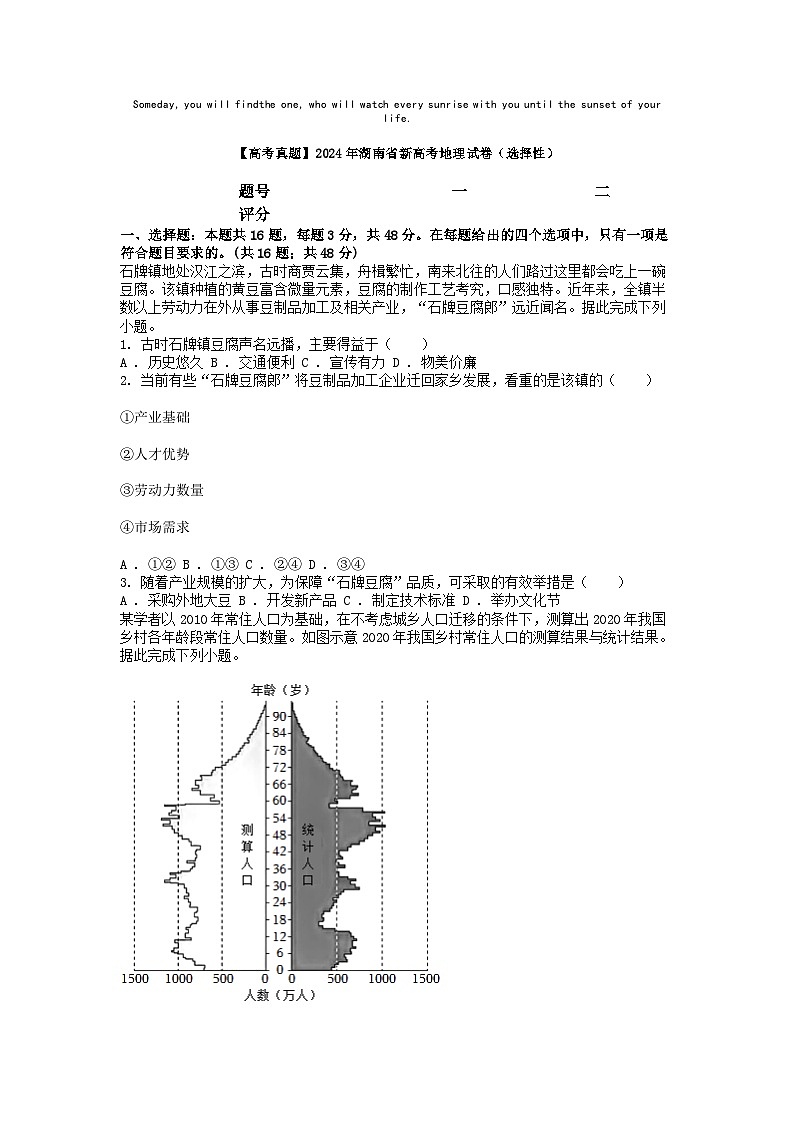 [地理]【高考真题]2024年湖南省新高考地理试卷(选择性)01