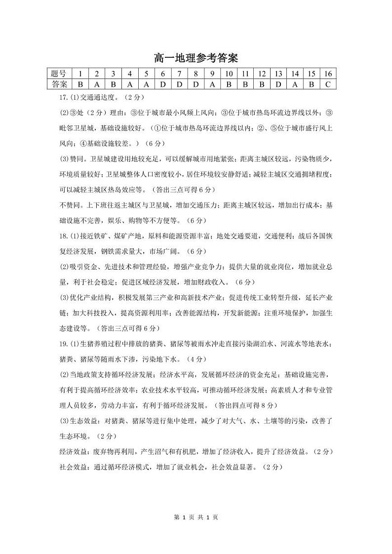 高一地理参考答案第1页