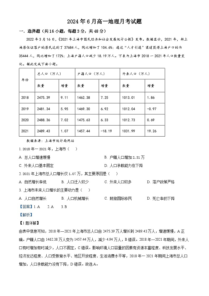 湖南省岳阳市临湘市第二中学2023-2024学年高一下学期6月月考地理试题（Word版附解析）01