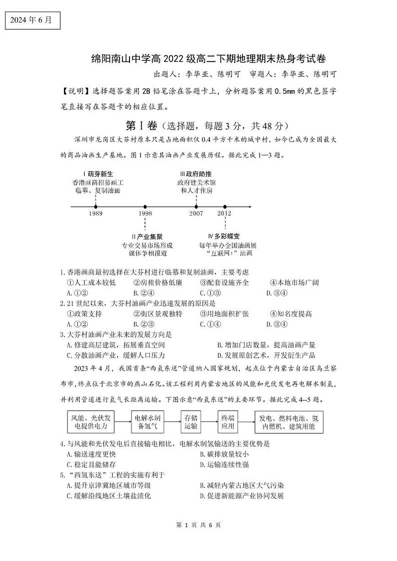 四川省绵阳市南山中学2023-2024学年高二下学期期末热身地理试题 PDF版含答案01