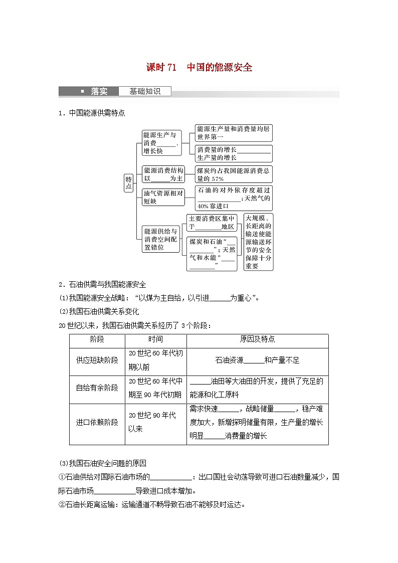 2024届人教新教材高考地理一轮复习学案第四部分资源环境与国家安全第二章资源安全与国家安全课时71中国的能源安全01