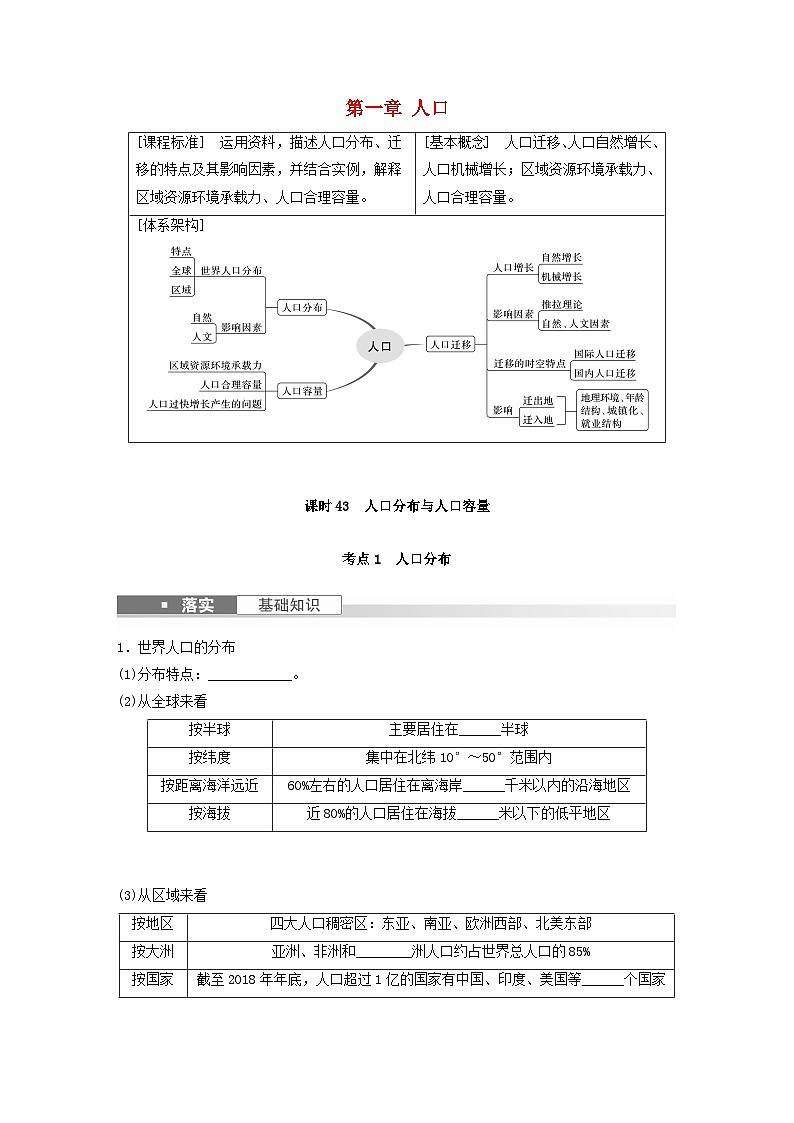 2024届人教新教材高考地理一轮复习学案第二部分人文地理第一章人口课时43人口分布与人口容量01