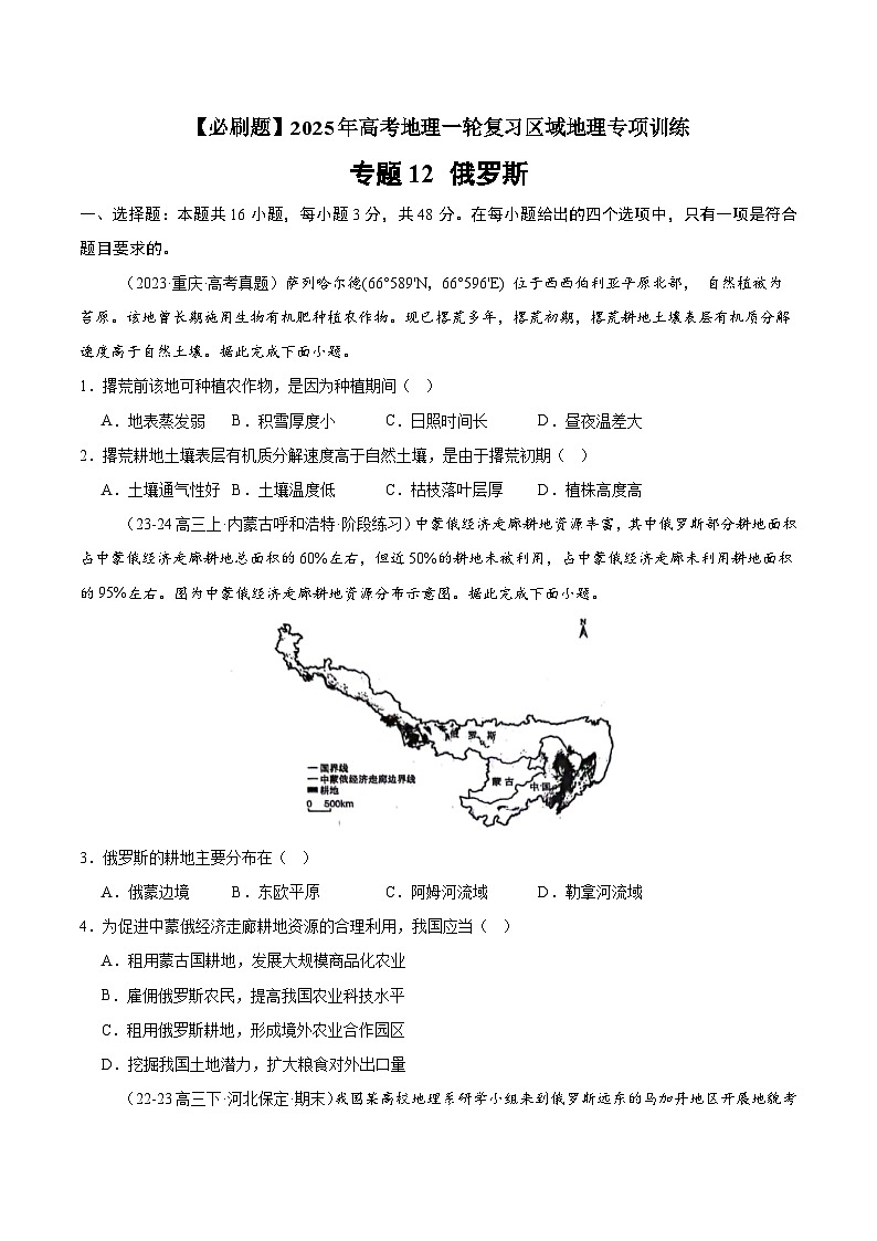 专题12 俄罗斯（专项训练）-【必刷题】2025年高考地理一轮复习区域地理专项训练（原卷版）第1页