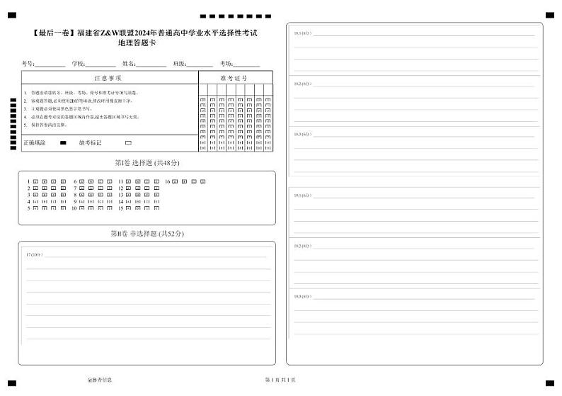 2024届福建省Z&W联盟普通高中学业水平选择性考试地理试题【最后一卷】01
