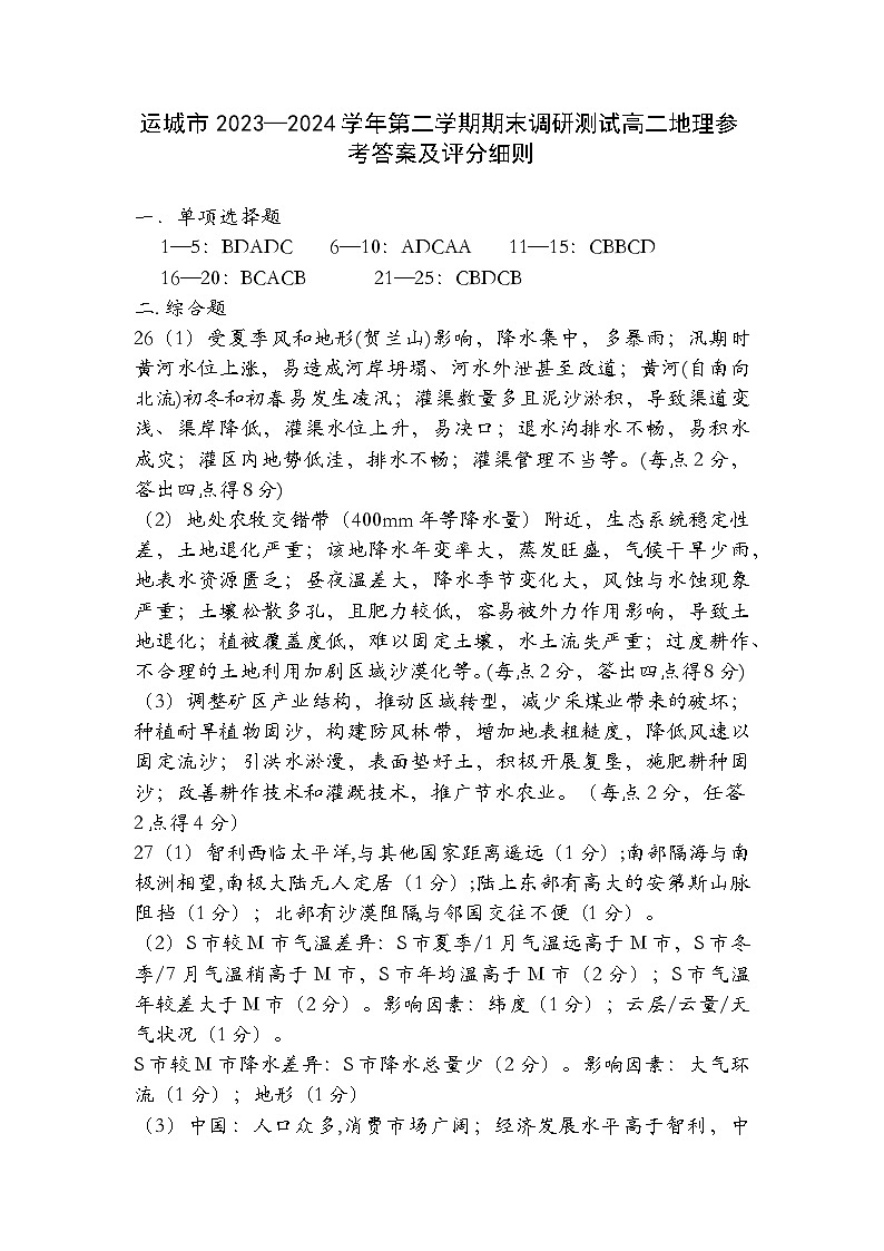 山西省运城市2023-2024学年高二第二学期期末调研测试 地理01