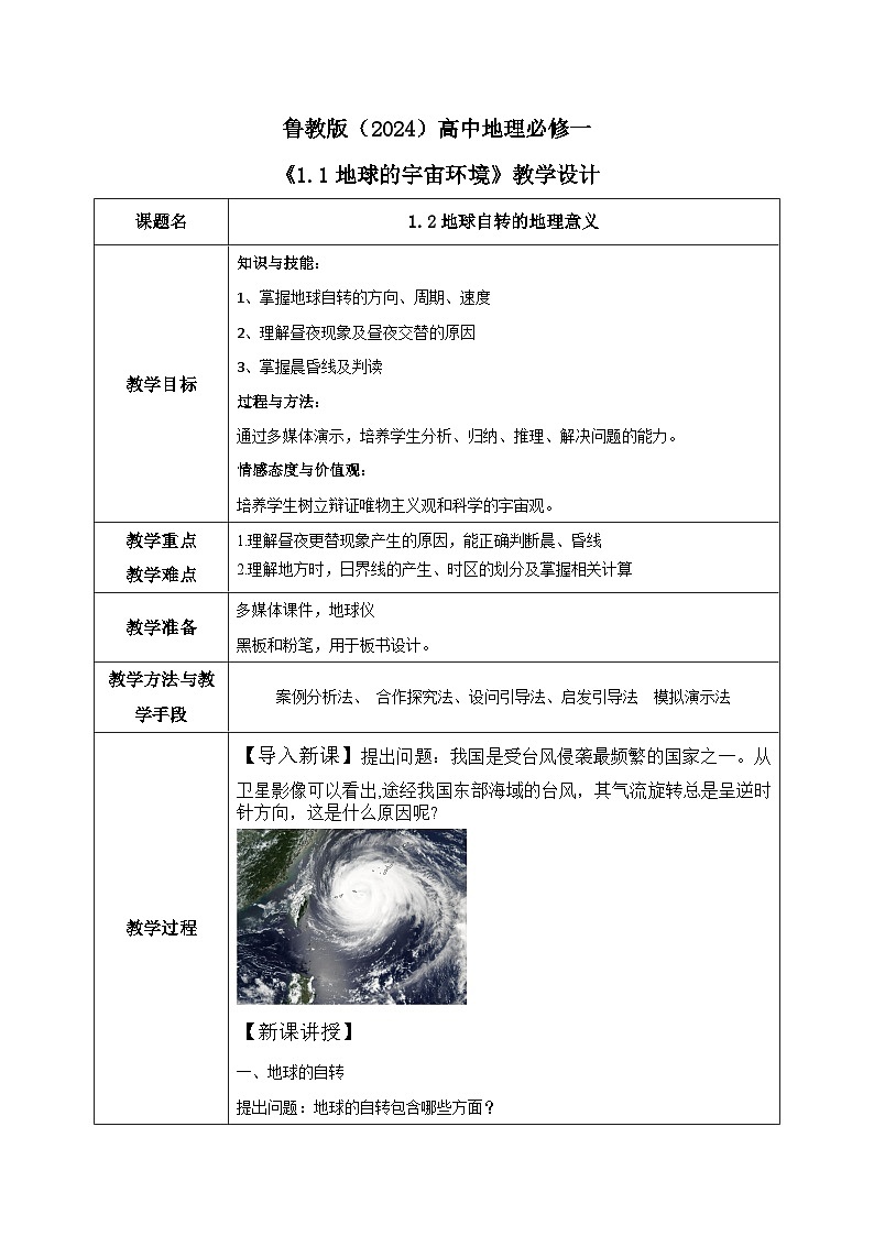 鲁教版（2024）高中地理必修一1.2地球自转的地理意义（PPT+导学案+教案）01