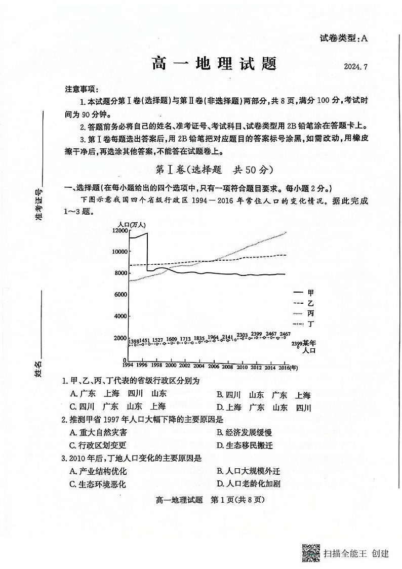 山东省滨州市2023-2024学年高一下学期期末考试地理试题01