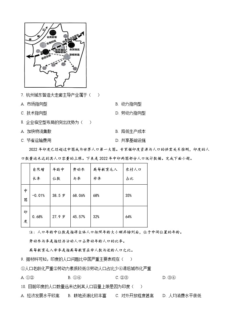 2024杭州六校高一下学期期末考试地理含解析03