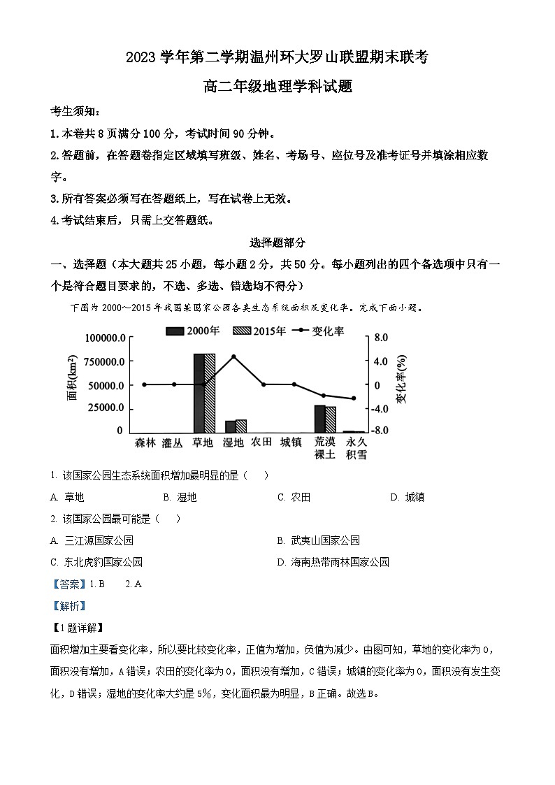 浙江省温州市环大罗山联盟2023-2024学年高二下学期期末联考地理试卷（Word版附解析）01