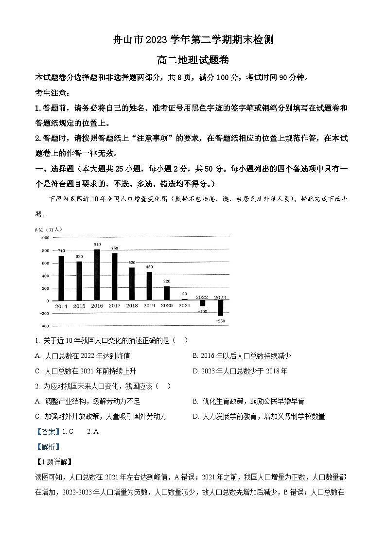 浙江省舟山市2023-2024学年高二下学期6月期末地理试题（Word版附解析）01