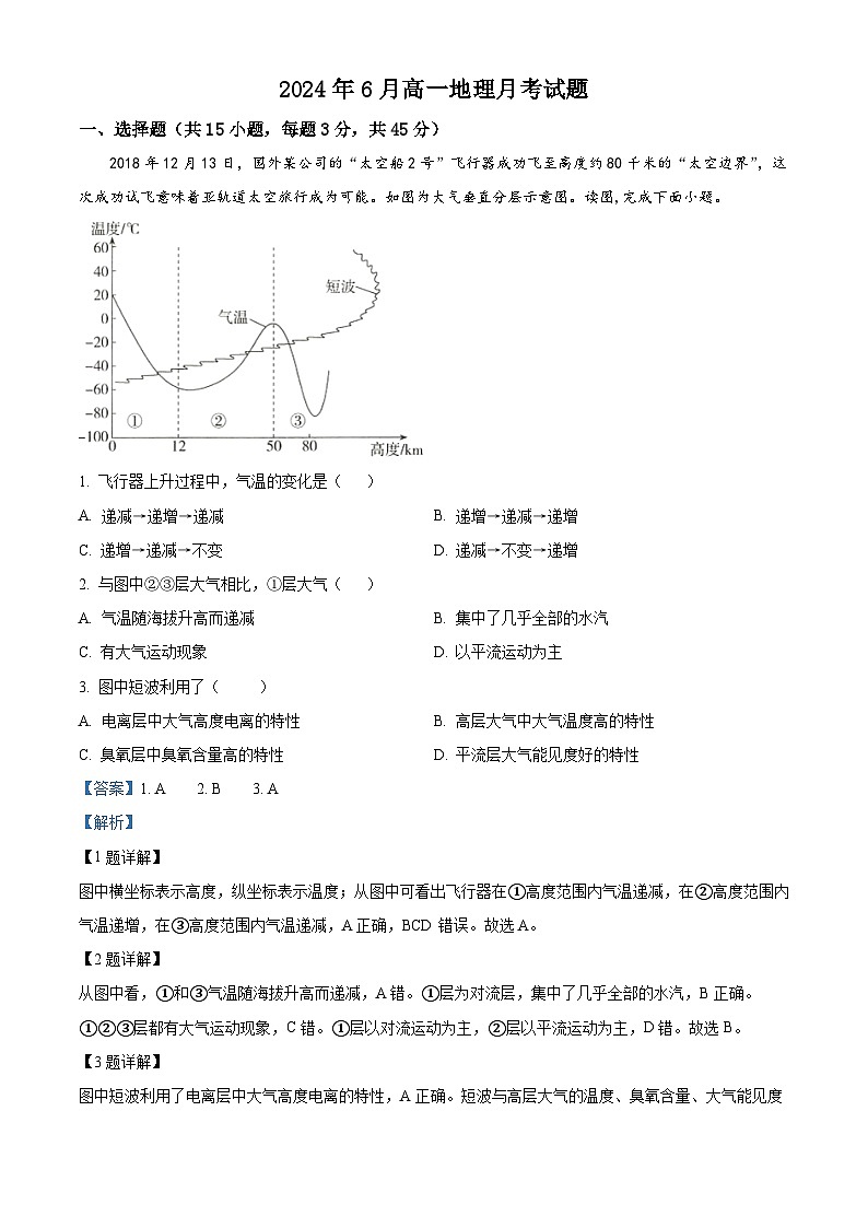 湖南省岳阳市岳阳县第一中学2023-2024学年高一下学期6月月考地理试题 Word版含解析第1页