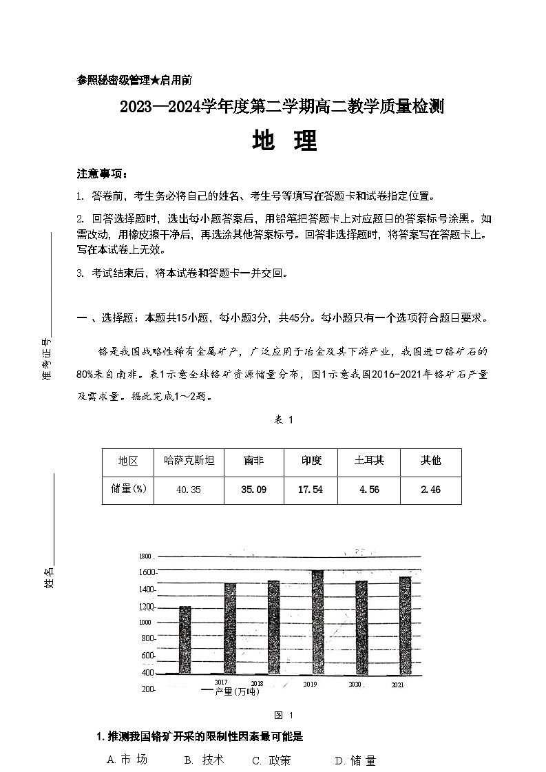 山东省淄博市2023-2024学年度第二学期高二教学质量检测地理01