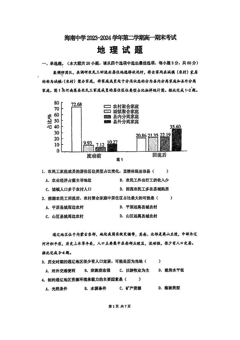 海南省海口市琼山区海南中学2023-2024学年高一下学期7月期末地理试题01