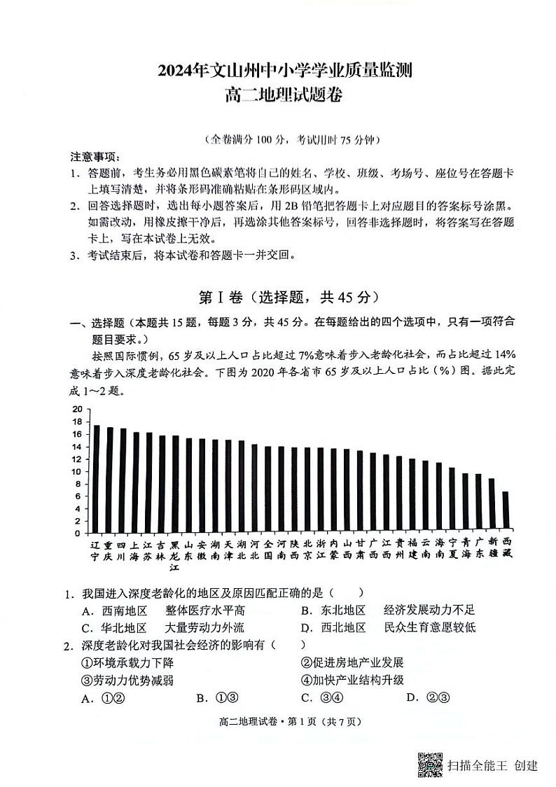 云南省文山壮族苗族自治州中小学2023-2024学年高二下学期期末学业质量监测地理试题01