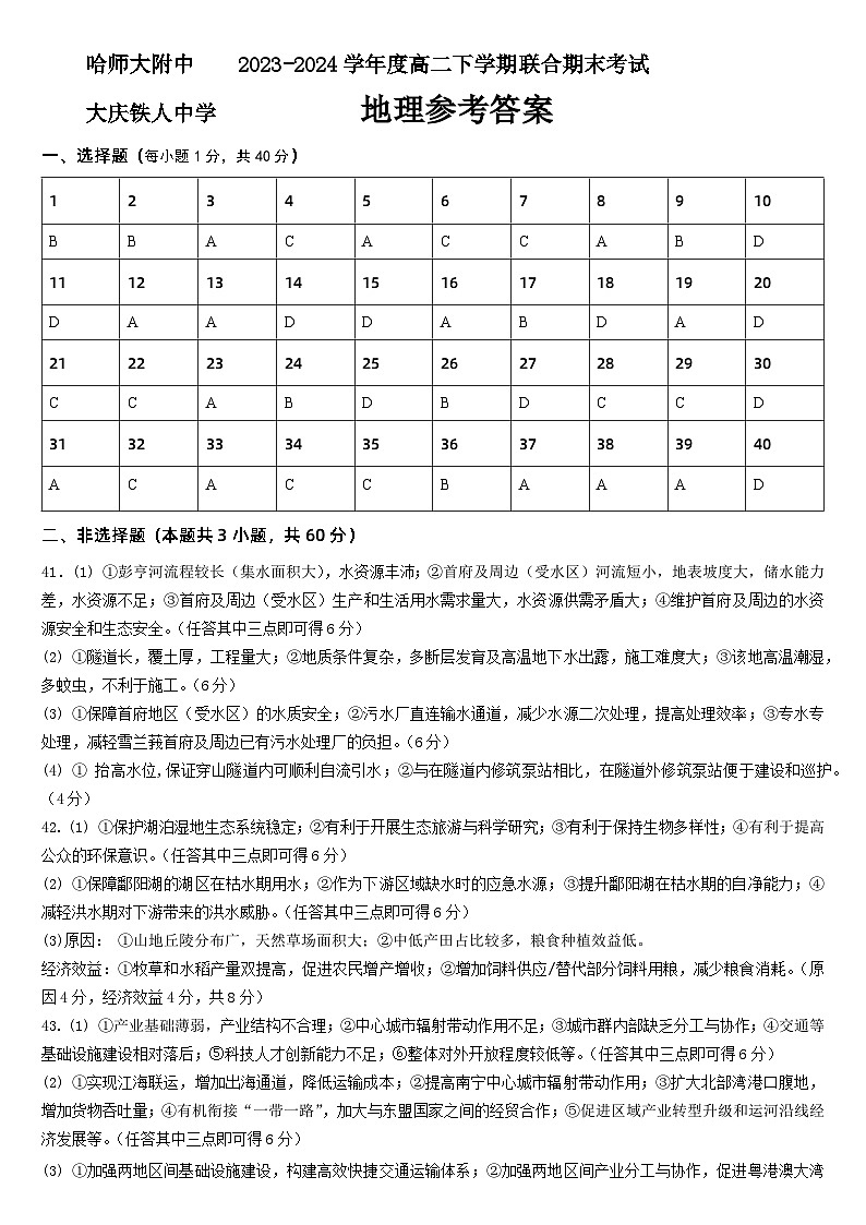 黑龙江省哈尔滨师范大学附属中学、大庆铁人中学2023-2024学年高二下学期期末联考地理试题01