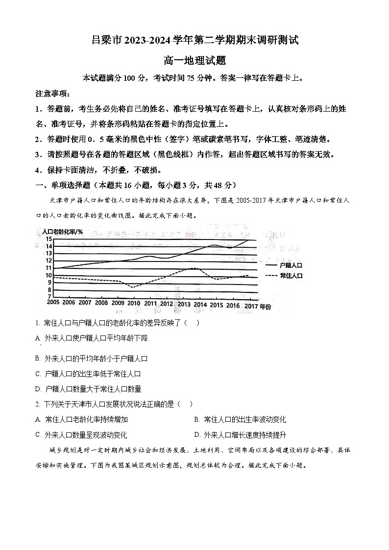 山西省吕梁市2023-2024学年高一下学期7月期末考试地理试卷（Word版附解析）01