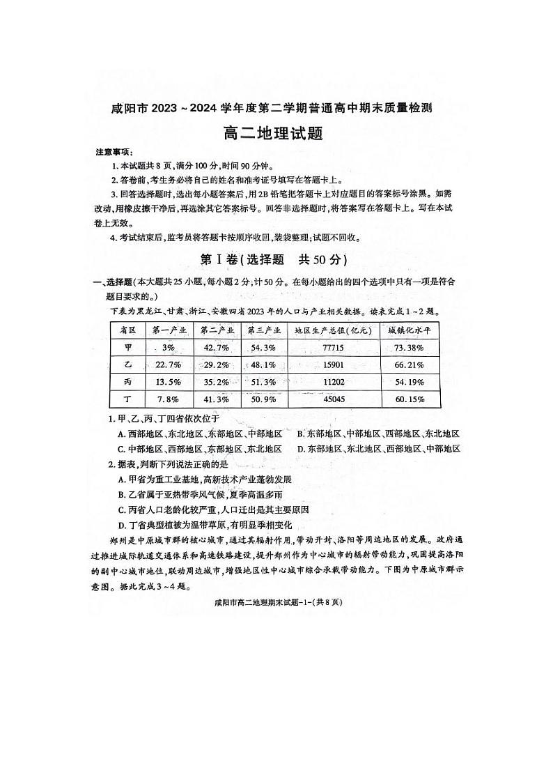 地理-陕西省咸阳市普通高中2023-2024学年高二下学期7月期末质量检测试题和答案01
