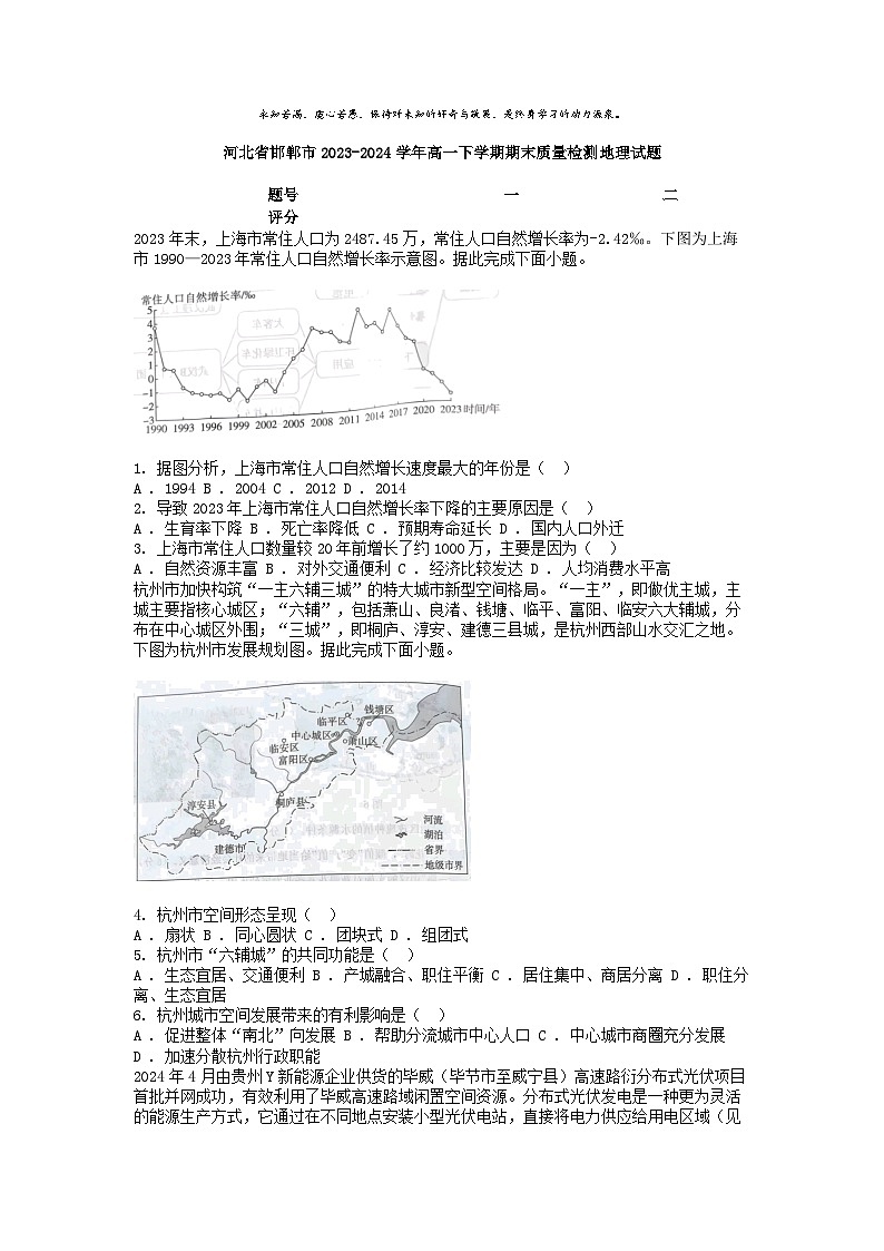 [地理][期末]河北省邯郸市2023-2024学年高一下学期期末质量检测地理试题01